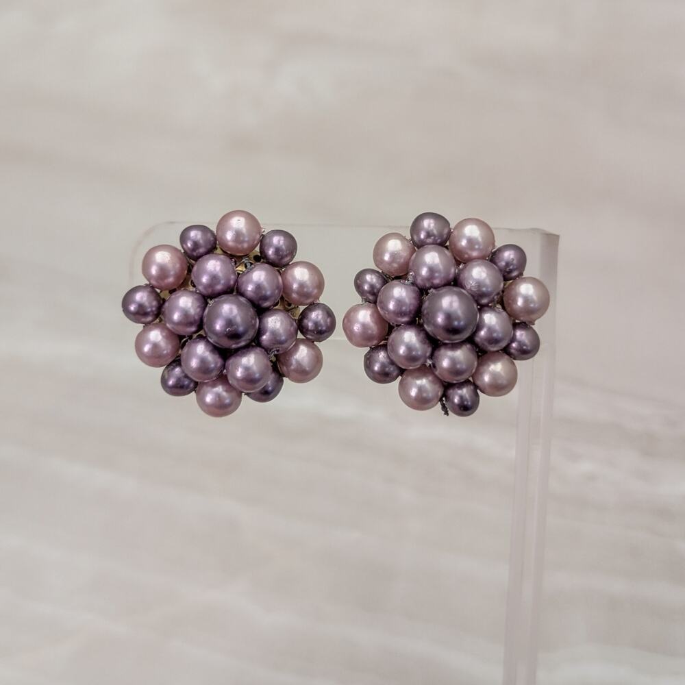Vintage Clip On Earrings 1" Purple Tones Cluster Style Stylish Retro Japan